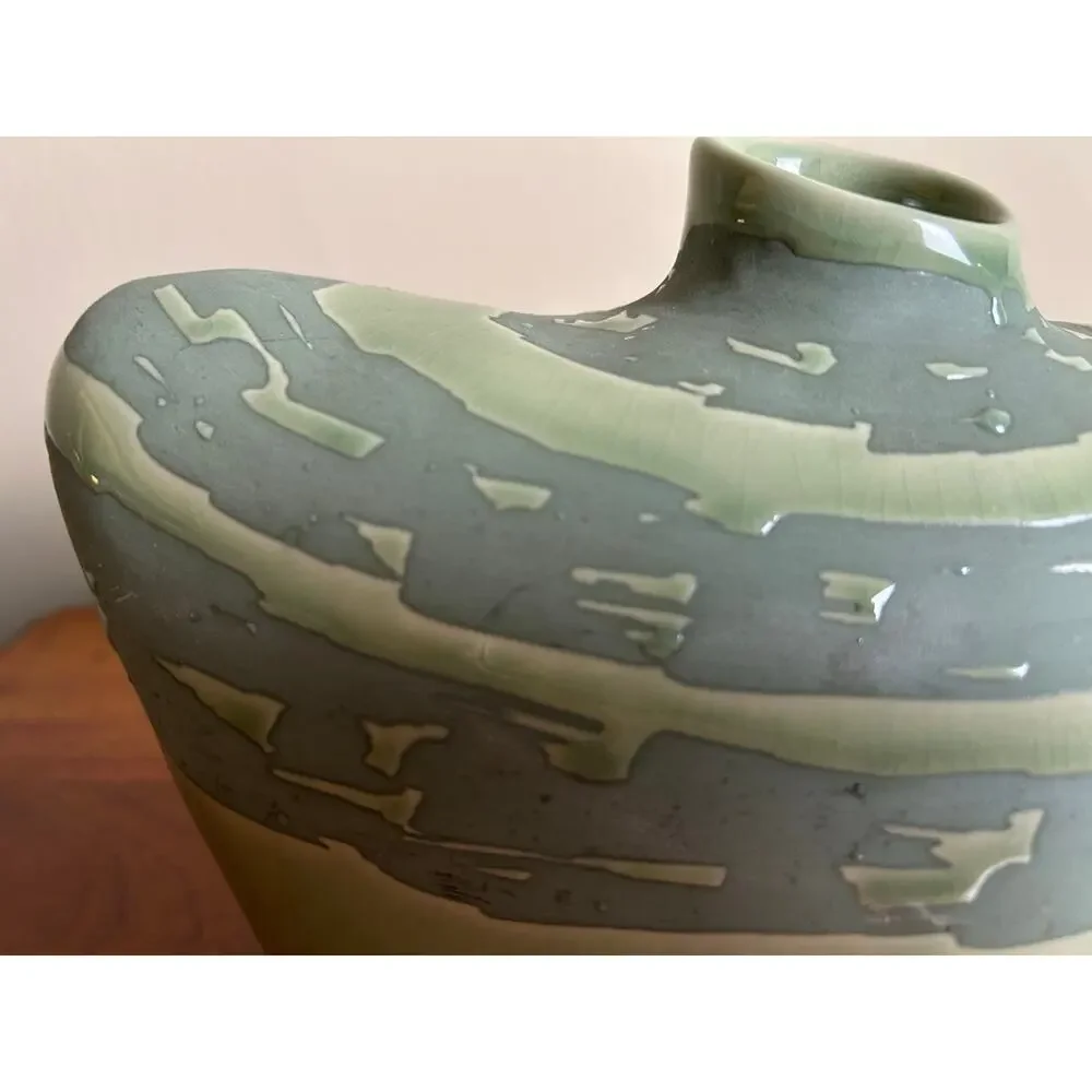 Vintage Kenshoma Studio Pottery Vase, Green Oval Ceramic Vase